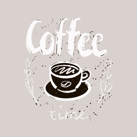 Vector poster with phrase decor elements. Typography card, image with lettering. Design for t-shirt and prints. Its coffee time.のイラスト素材