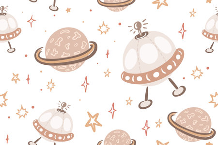 Vector hand drawn kids seamless repeating color simple flat pattern with different planets and ufo background. Seamless pattern with planets. Space. Mars, Saturn, the moon.のイラスト素材