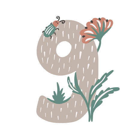 Nine. Number 9. Abstract math kids alphabet. School child graphic vector illustration. Mathematics font design with flowers.のイラスト素材