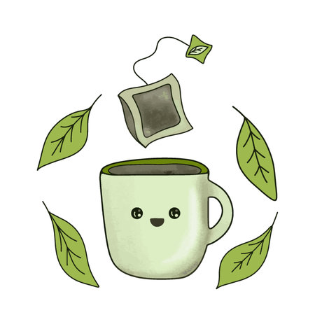 Morning greeting. Cute character. Kawaii cup with a tea bag. Good morning.のイラスト素材