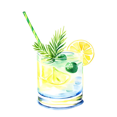 Watercolor glass of summer beverage cocktail lemon juice with leaves and lemonのイラスト素材