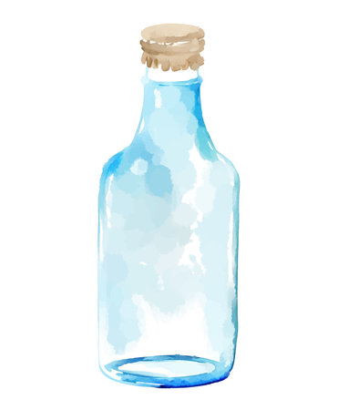 Empty blue glass transparent bottle with brown cork , watercolor vector illustrationのイラスト素材