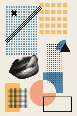 Modern art collage with abstract shapes, lips and hand drawn lines. Advertising graphic design for stomatology, magazines. Vector illustrationのイラスト素材