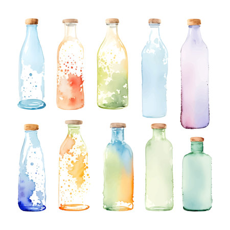 watercolor empty glass bottle Isolated hand drawn painting vector illustrationのイラスト素材