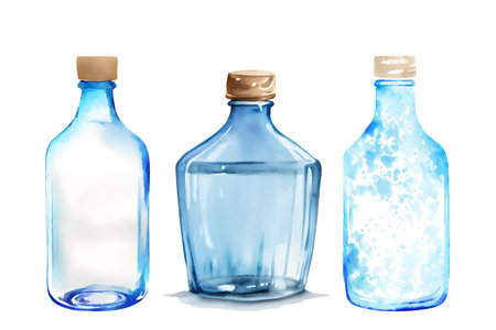 Set of blue glass bottles hand drawn. Watercolor set of abstract transparent glass bottles. The elements are isolated.のイラスト素材