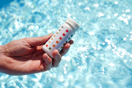 Swimming pool test water on ph and chemical balance.の写真素材