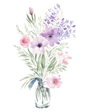 Wildflowers bouquet in a glass transparent vase, vector flowers isolated on whiteのイラスト素材
