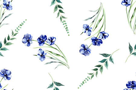 Floral seamless pattern with hand drawn watercolor herbs and flowers. Stock illustration.のイラスト素材