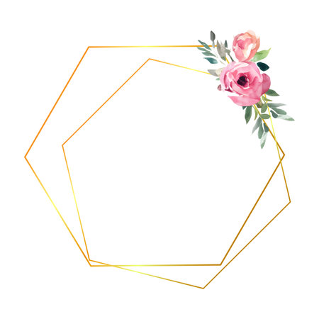 Golden frame with Watercolor pink roses and green leaves, vector template isolated on whiteのイラスト素材