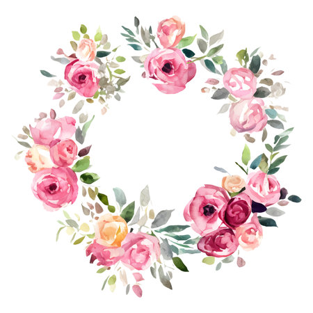 Circle frame with watercolor flowers yellow and pink roses and green leaves. Round template isolated on whiteのイラスト素材