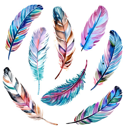 Watercolor colorful feather isolated on white, vector setの写真素材