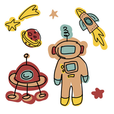 Cute doodle cartoon space set of astronaut, rocket and planets, child vector illustrationのイラスト素材