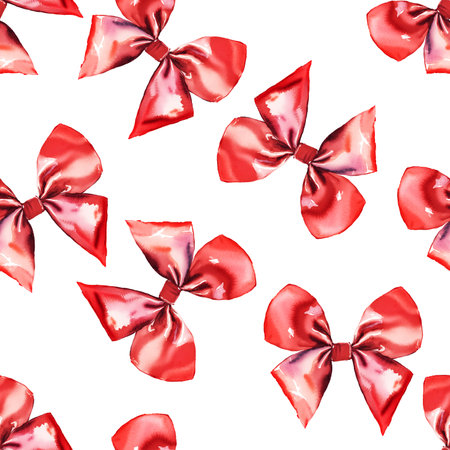 Seamless pattern with red bow on white background. Watercolor backdrop for holiday decorating greeting cards for wedding, birthday, new year, Christmas.の写真素材