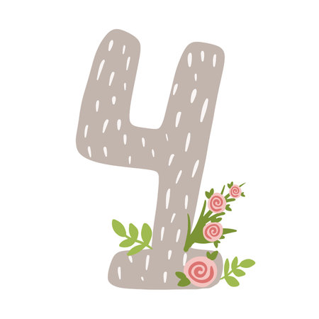 Four, baby kids monthly milestone, cute number 4 with flowers cartoon illustration.のイラスト素材