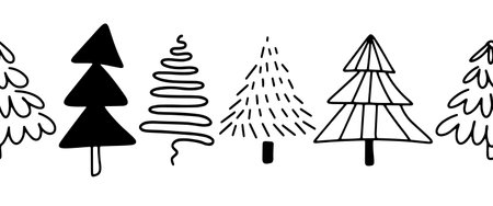 Christmas trees vector border. Seamless pattern hand drawn doodle trees black fir. Decorative Winter holiday sketch design for ribbons, card decoration, scrapbooking, bannersのイラスト素材
