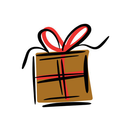 Hand drawn gift box with in doodle style. Cartoon present box with bow. Gift package with love for Valentines day, birthday, wedding, anniversary.のイラスト素材