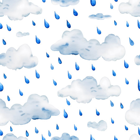 Watercolor blue clouds and rains drop seamless pattern. Hand drawn wallpaper modern vector backgroundのイラスト素材