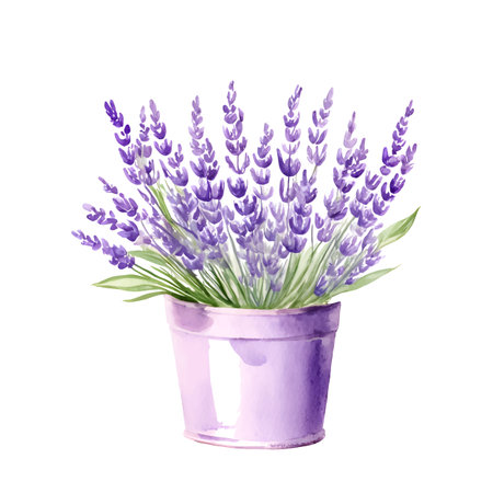 Watercolor metal violet bucket with a bouquet of lavenderのイラスト素材