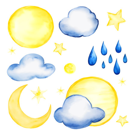 Watercolor set of sun, stars and clouds, raindrops and crescent isolated on white background.のイラスト素材