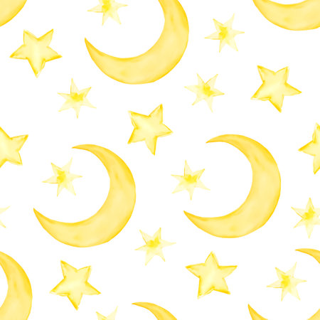 Cute watercolor crescents and stars kids seamless patternのイラスト素材
