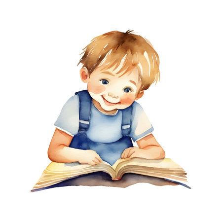 Watercolor illustration of child reading a book, reading kid, clipart for card and print designのイラスト素材