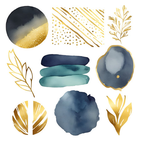 Abstract modern print set of gold and blue watercolor elements on white backgroundのイラスト素材