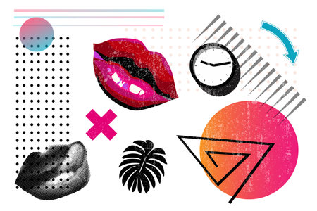 Abstract modern collage background with lips, clock and palm leaf. Not AI generative, hand drawn...