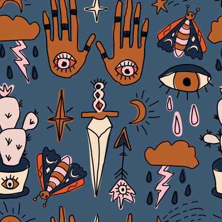 Hand drawn vector abstract doodle sketch seamless pattern with human hands, mystic occult eyes and moon phases, simple collage shape cloudsのイラスト素材