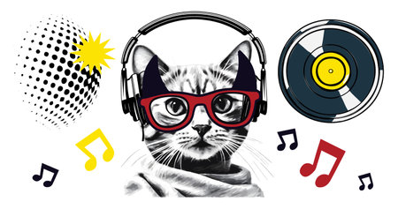 Disco music collage set with headphones on cat and vinyl record player. Modern background vector illustrationのイラスト素材