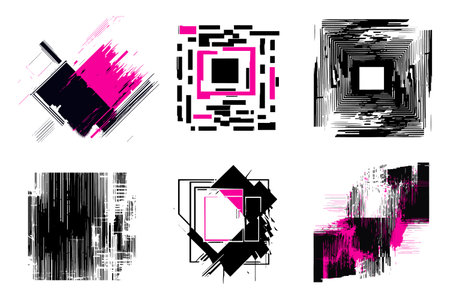 Set of grunge black and pink artistic square shapes design elements isolated on white backgroundのイラスト素材