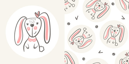 Bunny pattern and kids print. Vector seamless for childish fabric, wallpaper, wrapping paper, textile, t-shirtのイラスト素材