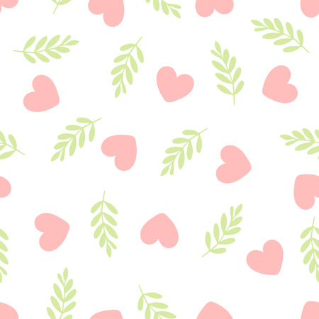Seamless romantic spring vibe pattern with hearts and leavesのイラスト素材