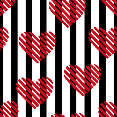 Seamless pattern with red hearts and black stripes. Modern print for love, wedding, Valentine day