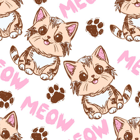 Childish pattern, hand drawn cute cats with meowing text, seamless pattern, baby kids printのイラスト素材