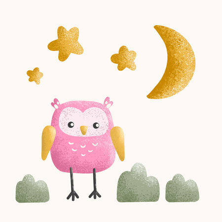Cute pink owl with stars and crescent in vector, cartoon illustration for kidsのイラスト素材