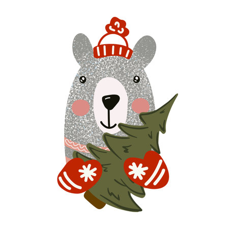 Christmas bear with tree, template for new year cardのイラスト素材