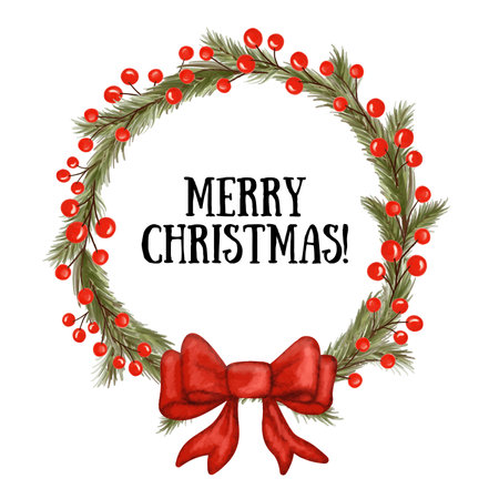 Merry Christmas card watercolor wreath with red bow. Green fir twigs and red berries. Holiday vectorのイラスト素材