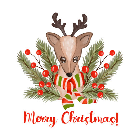 Watercolor Christmas deer with tree fir branch and red berries. Vector holiday print Merry Christmasのイラスト素材