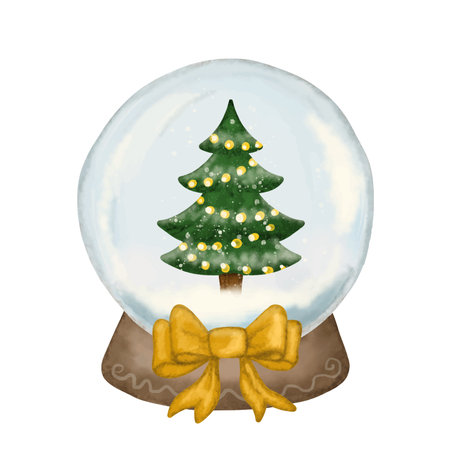 Watercolor snow globe, glass ball shaker with Christmas tree and gold bowのイラスト素材