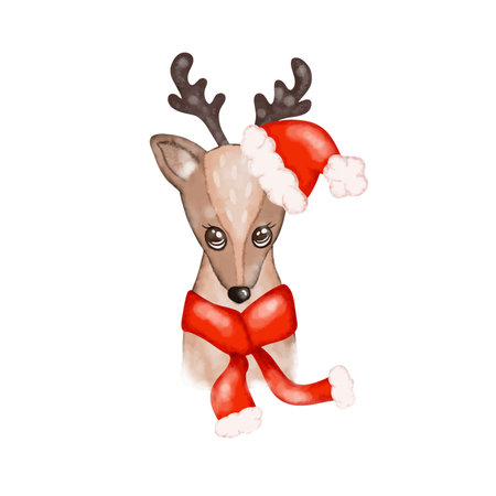 Watercolor cartoon Christmas deer vector in red hatのイラスト素材