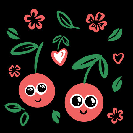 Smiling cherry berries cute kids design print isolated on blackのイラスト素材
