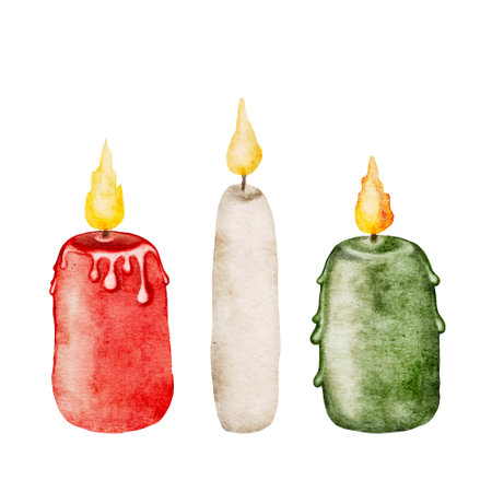 Set watercolor wax burn candles, red, green and white Christmas collection cut out from backgroundのイラスト素材