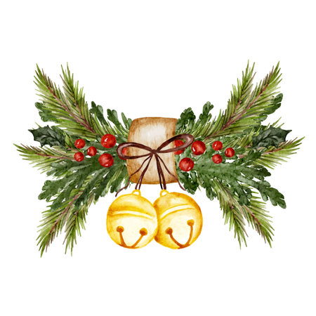 Watercolor Christmas decoration tree branch golden bells cut out from white backgroundのイラスト素材
