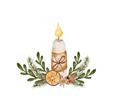 Christmas candle, watercolor vector holiday illustration of red candle, berry branch holly leaves.のイラスト素材