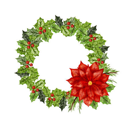 Beautiful watercolor Christmas wreath adorned with holly and a bright red poinsettia flowerのイラスト素材