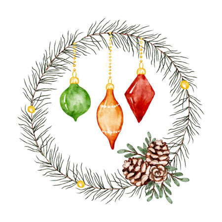 A festive Christmas wreath adorned with colorful ornaments and pinecones for holiday cheerのイラスト素材