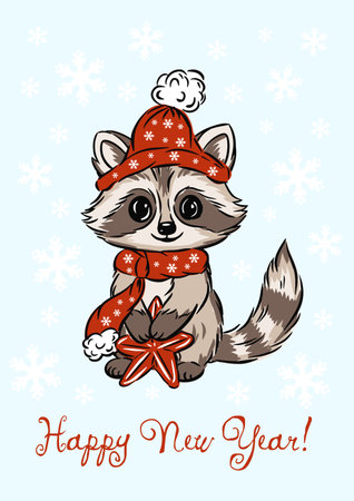Greeting card Happy new year with cute raccoon wearing a festive hat and scarf holds a star ornamentのイラスト素材