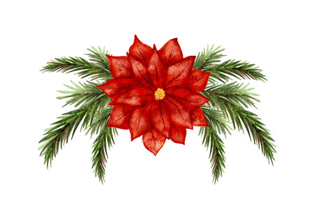 Watercolor vibrant red poinsettia is nestled among fresh green pine leaves, perfect for holiday decorations.のイラスト素材