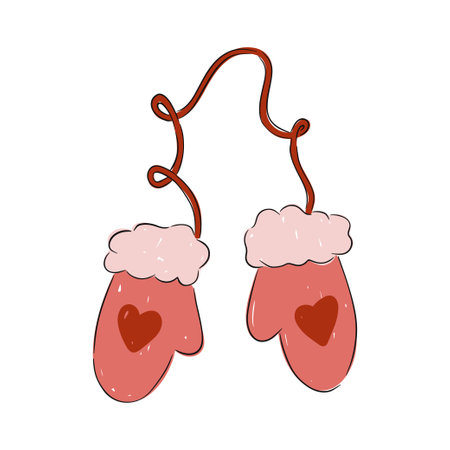 Hand drawn vector illustration of winter mittens with hearts on a cozy backgroundのイラスト素材