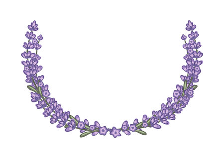 Hand drawn lavender wreath design featuring blooming flowers in shades of purple and greenのイラスト素材